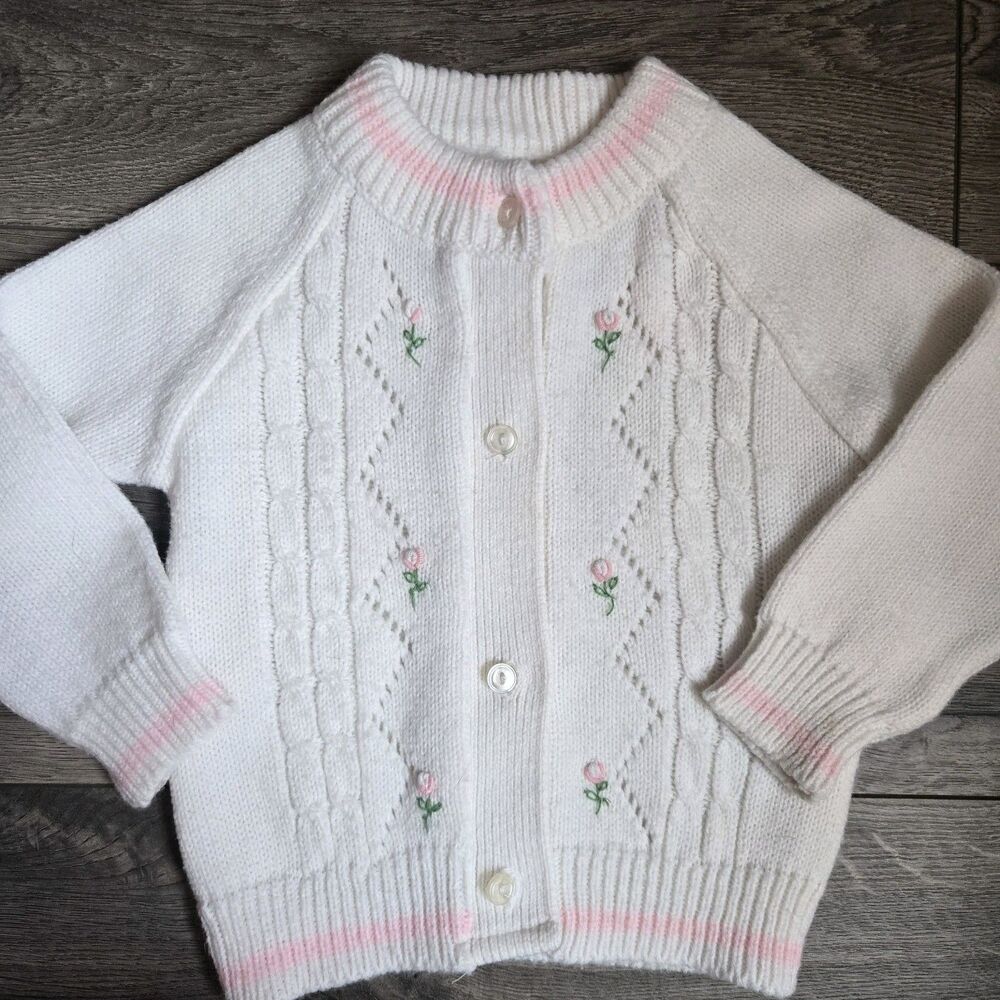 Vintage Tiny Tots Baby Cardigan Sweater 0-3 Months White Pink Rose Embroidered